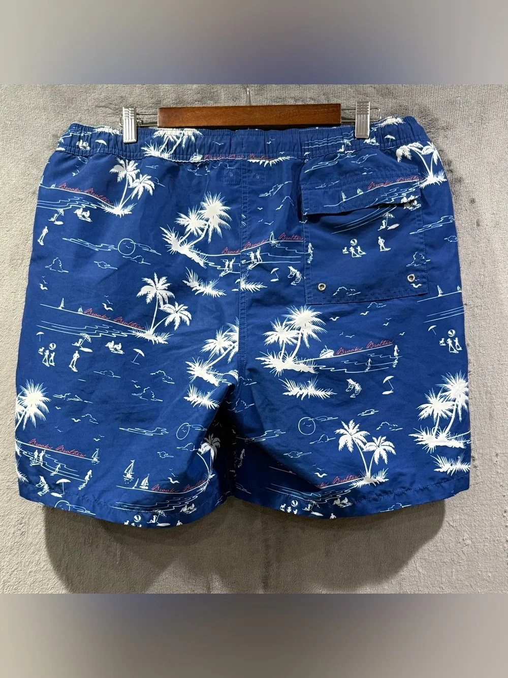 Brooks Brothers Mens Swim Trunks Size L Navy Blue Nautical Sailboat Blueprint